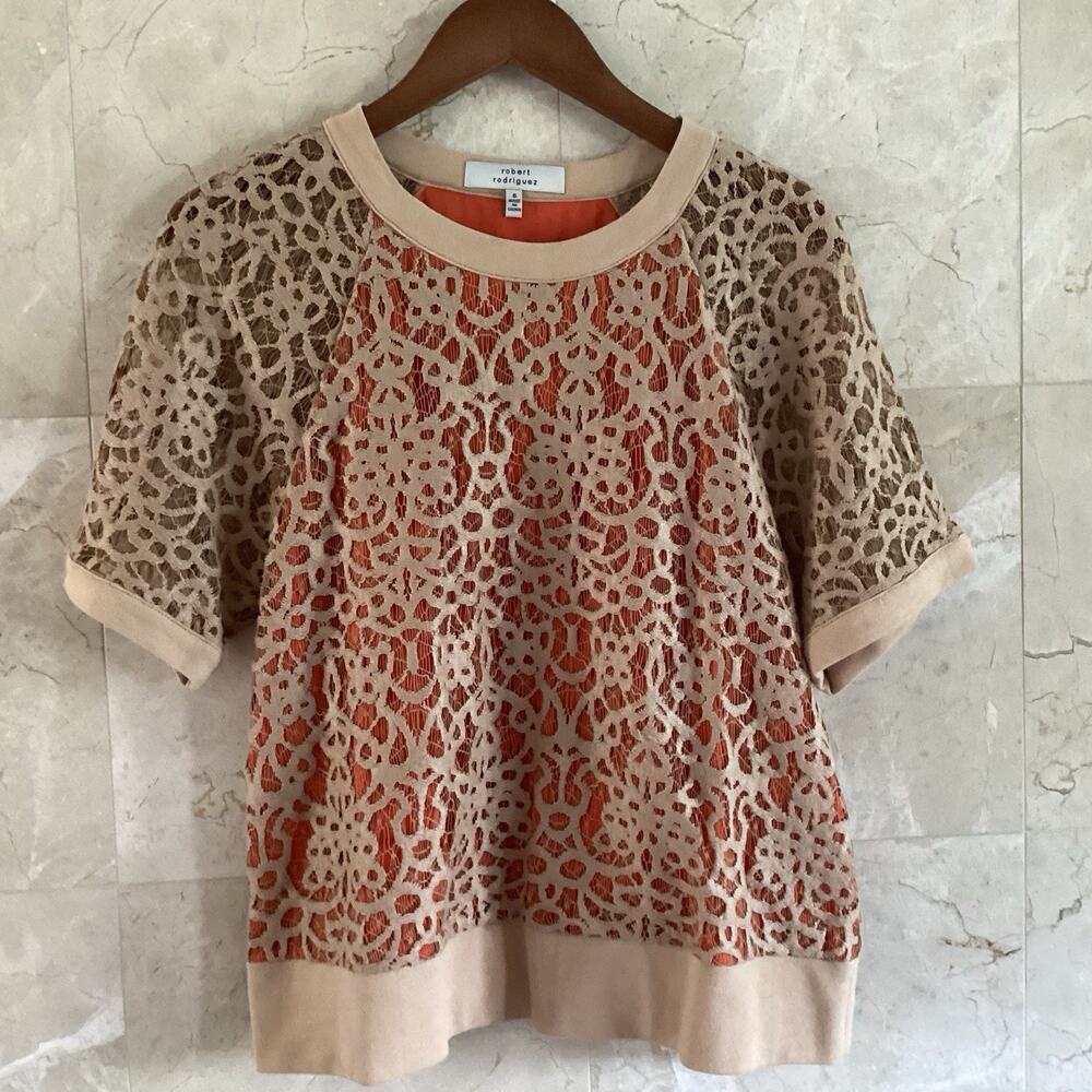 Robert Rodriguez Tan & Orange l Lace Overlay Top Small l Feminine Boho Romantic